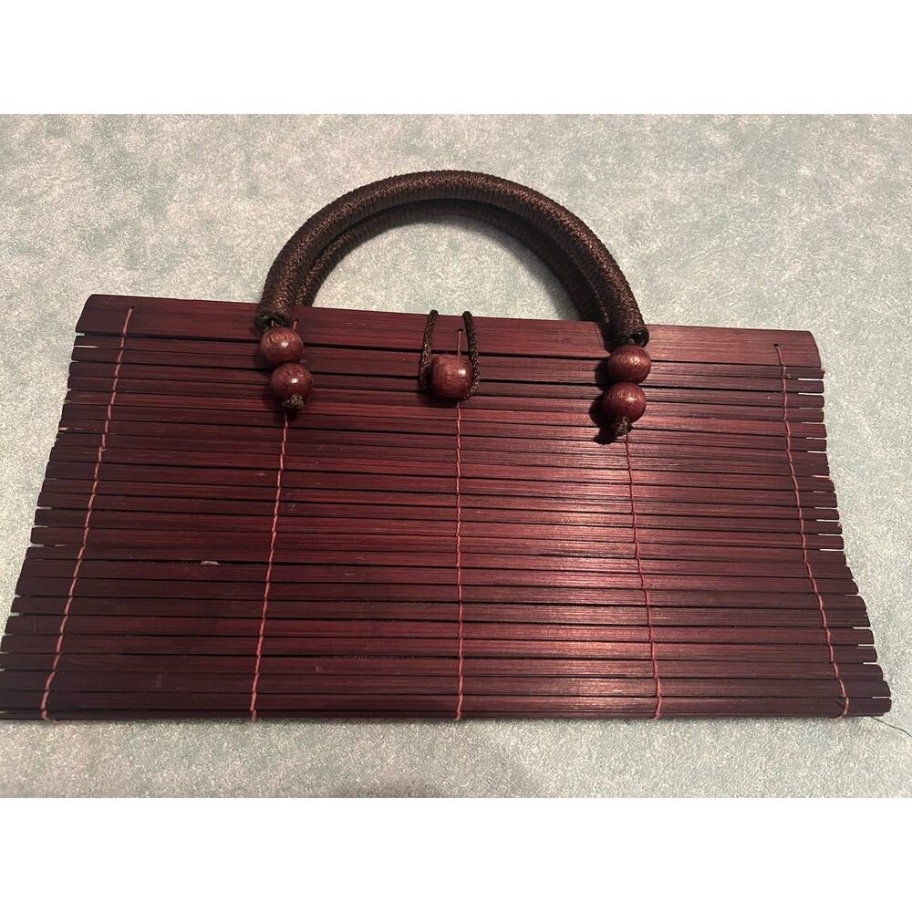 Mahogany Bamboo Slat Clutch Bag Purse W/ Rope Handle Women's Handbag Boho - Picture 2 of 4
